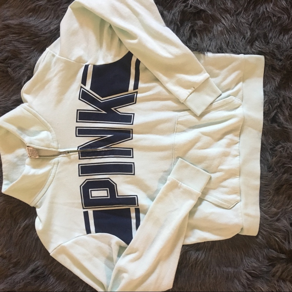 Pink sweatshirt mint green quarter zip