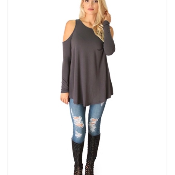 Charcoal Cold Shoulder Long Top 💜 2 for $25! - Picture 4 of 4