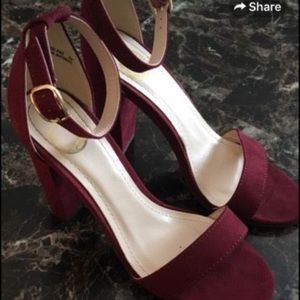 Red suede open toe ankle strap heeled sandals