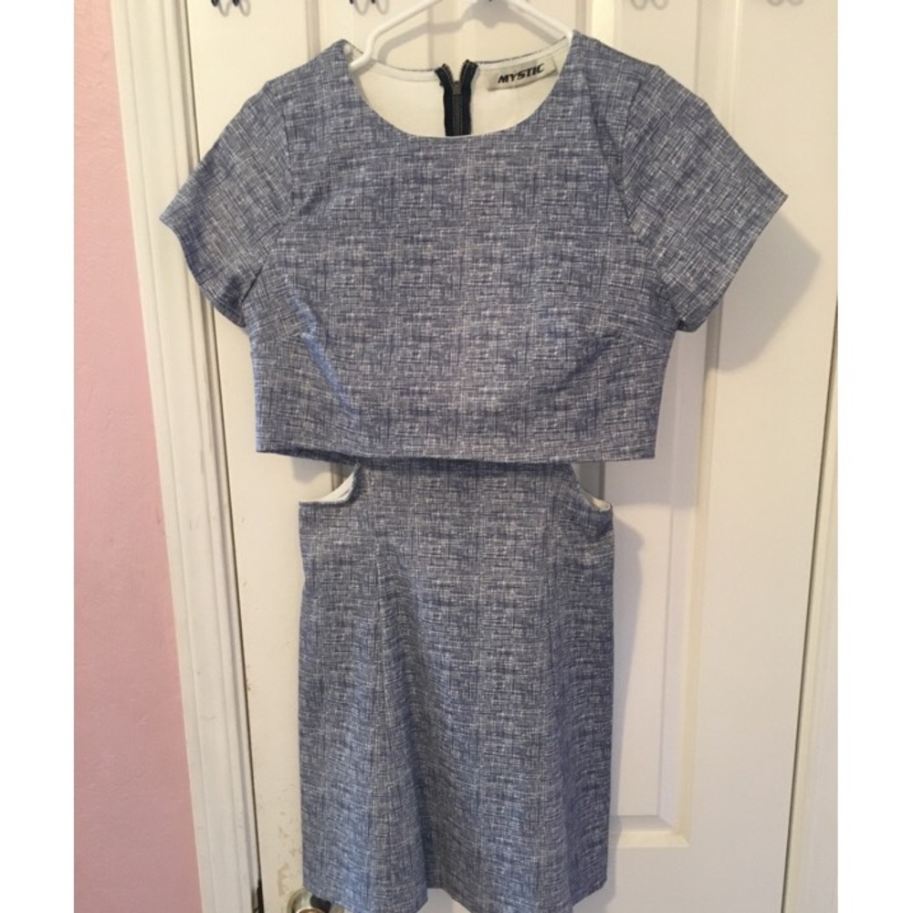 Mystic blue & white twill cut out dress