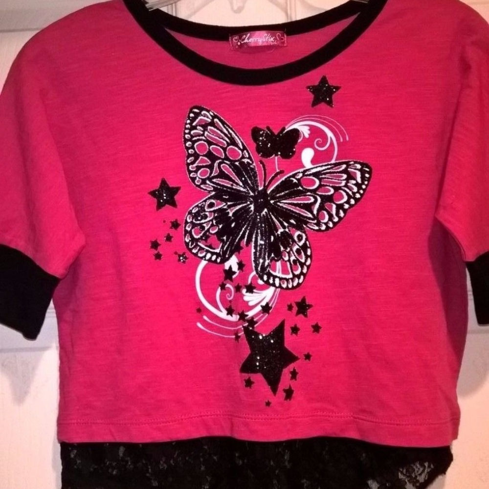 Cherry Stix Pink Black Graphic Lace Top