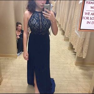 NAVY BLUE LACE PROM DRESS