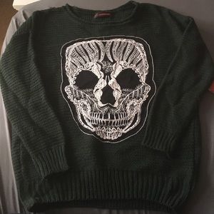 Olive green pull over cardigan w/ skull