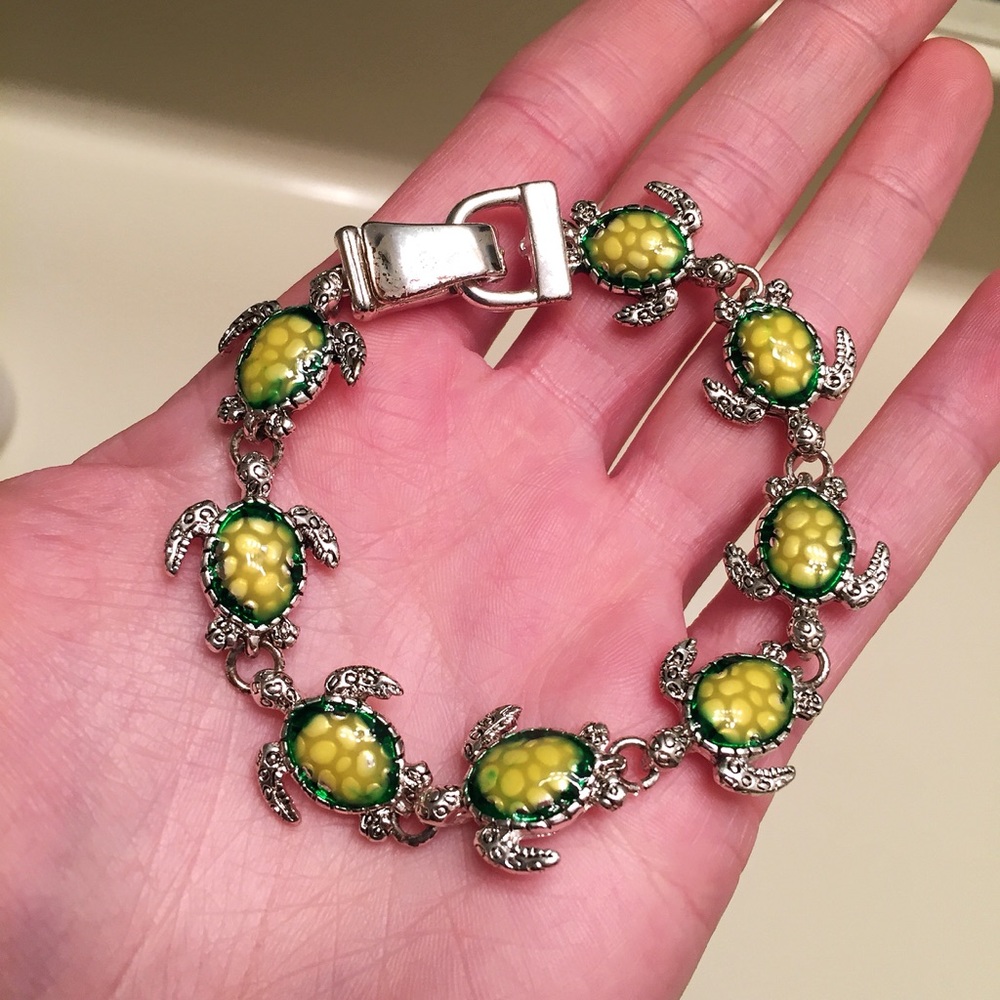 NEW silver green & yellow magnetic turtle bracelet