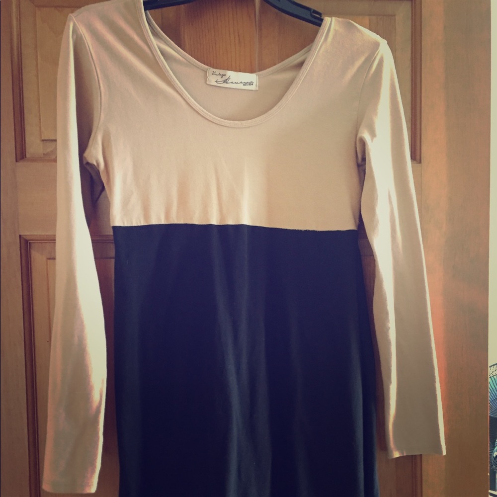 Tan and black color block dress