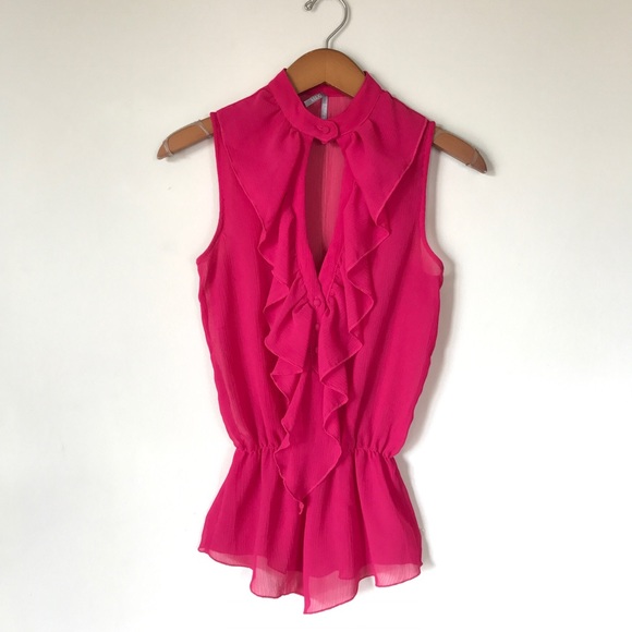 Tops - Pink Blouse with Cinched Waist + Ruffled Neckline