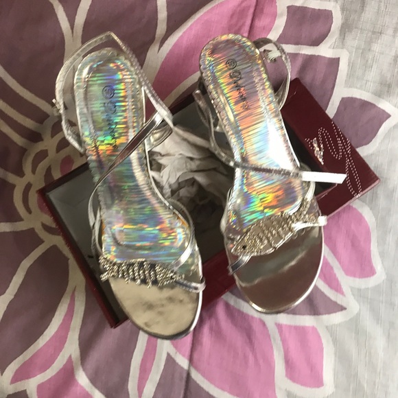 Silver bling wedge party prom sandal fish detail - Picture 1 of 3