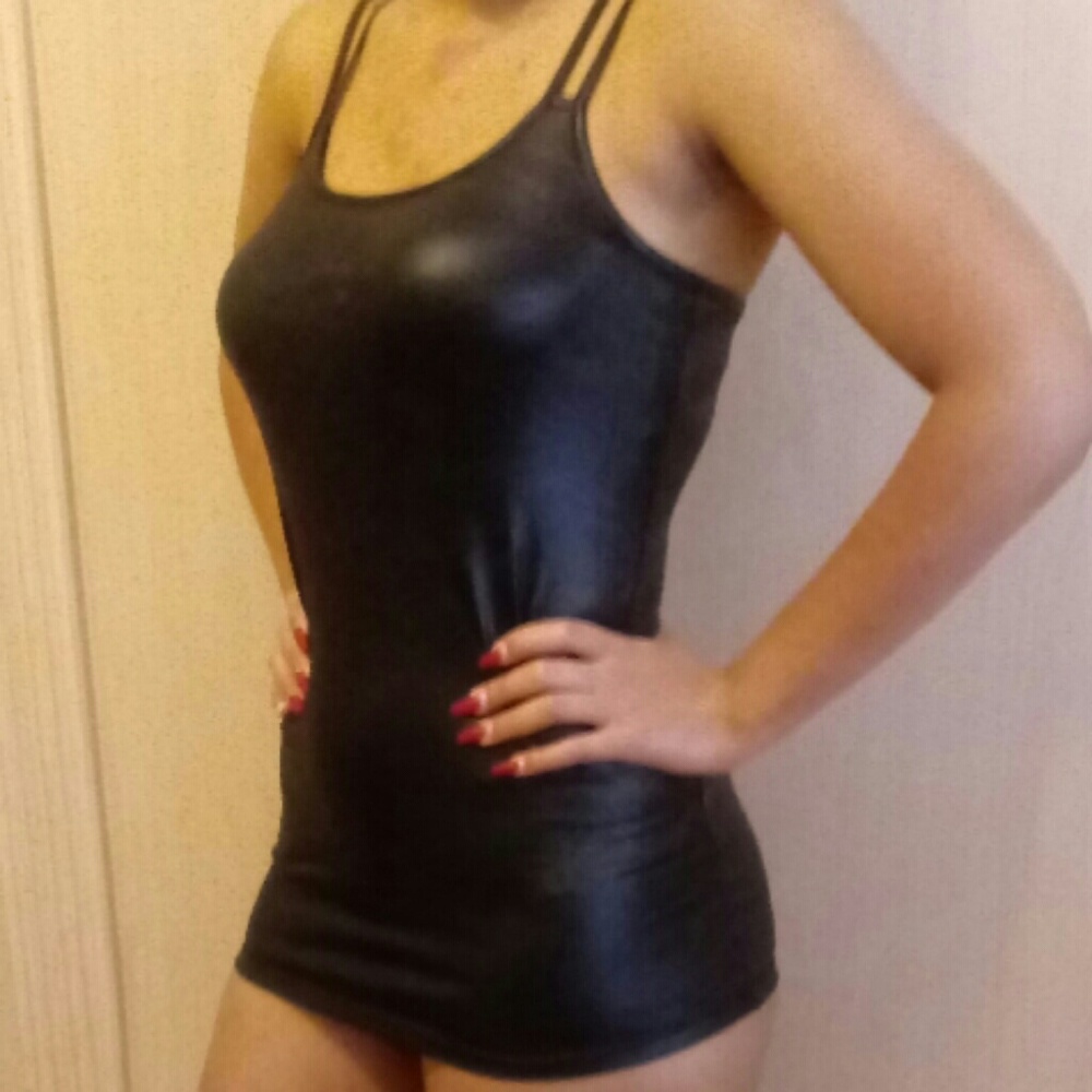 Black pleather strappy tight yet stretchy dress