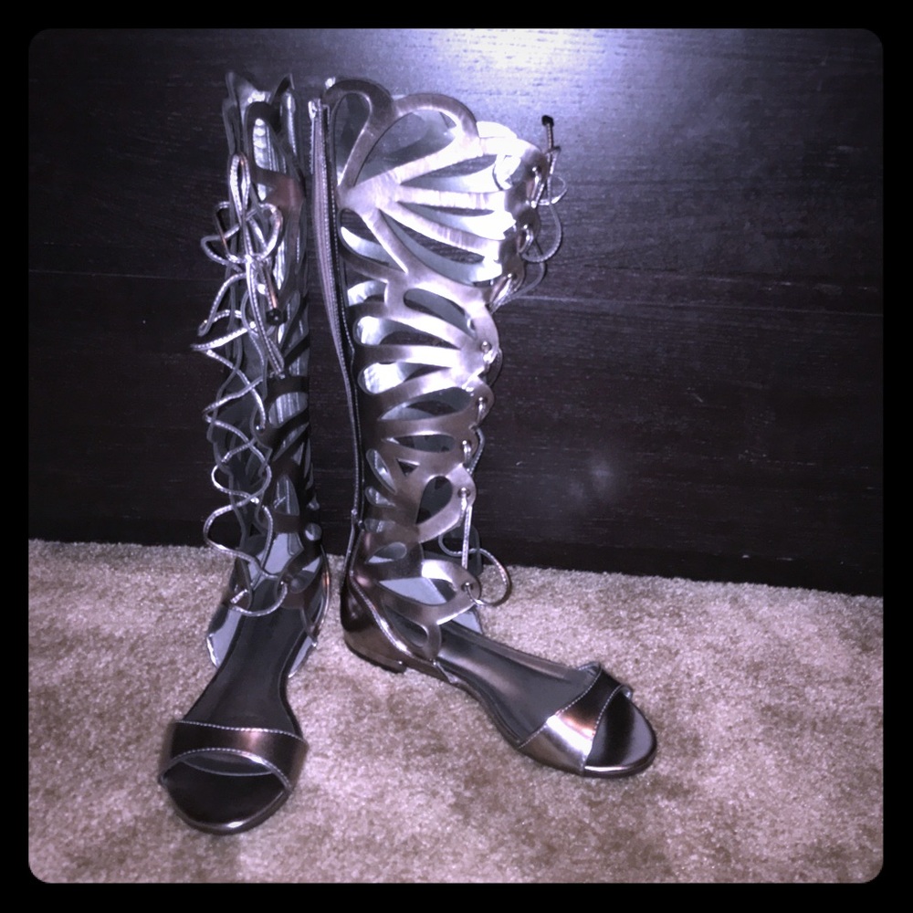 Metallic gunmetal gladiator sandal