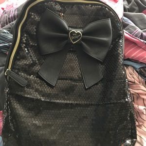 Betsey Johnson black sparkle bow backpack