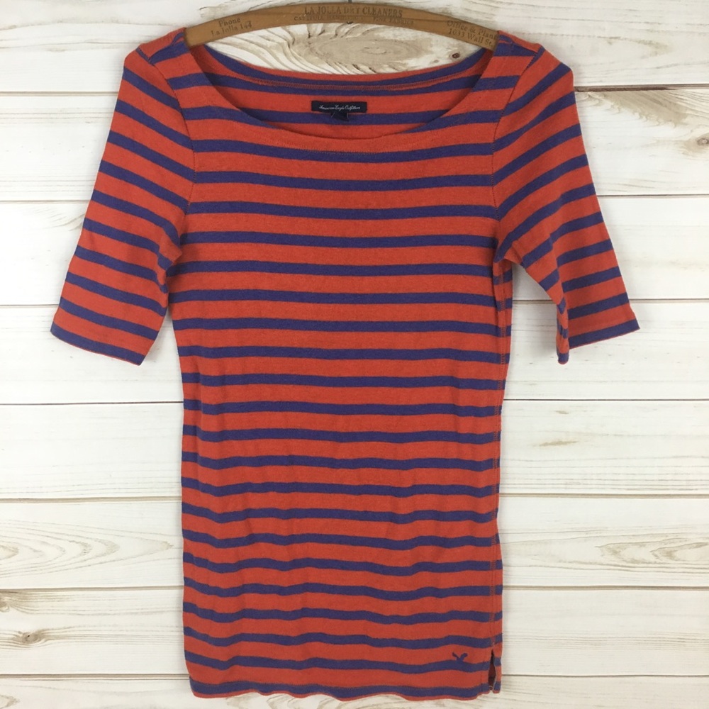 American Eagle Blue and Red Orange Stripe Shirt M