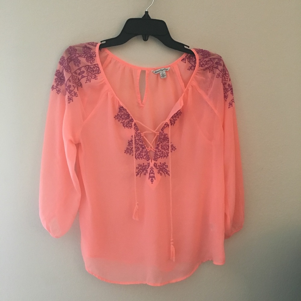 American Eagle sheer sherbet peasant top