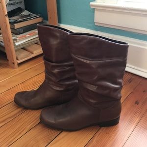 Brown leather slouch boots.