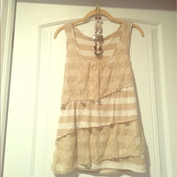 SOLD! White and Oatmeal Lace and Striped Tank🌻 - Picture 2 of 4