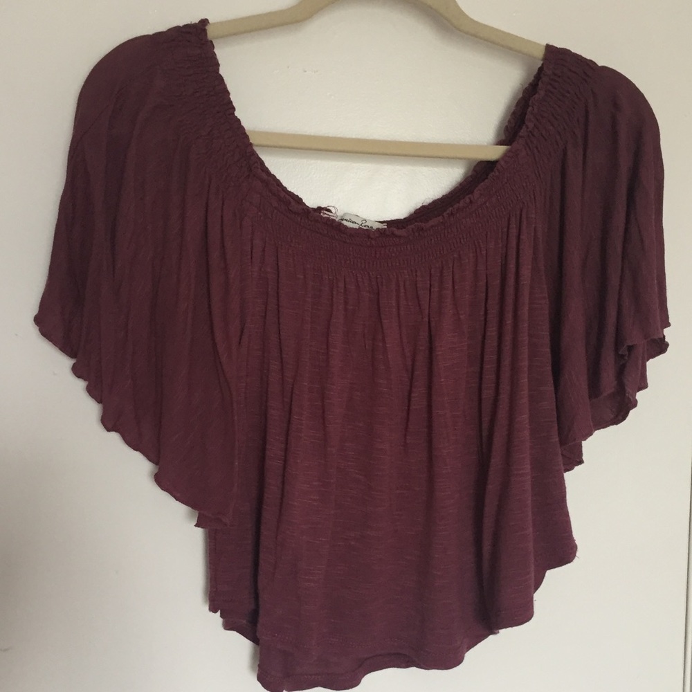 Purplish stretchy neckline butterfly sleeve crop