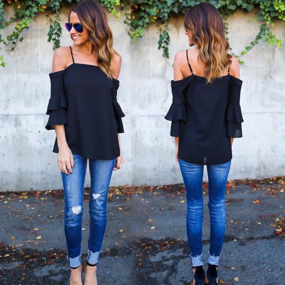 Cold Shoulder Ruffle Sleeve Chiffon Blouse - Picture 2 of 5