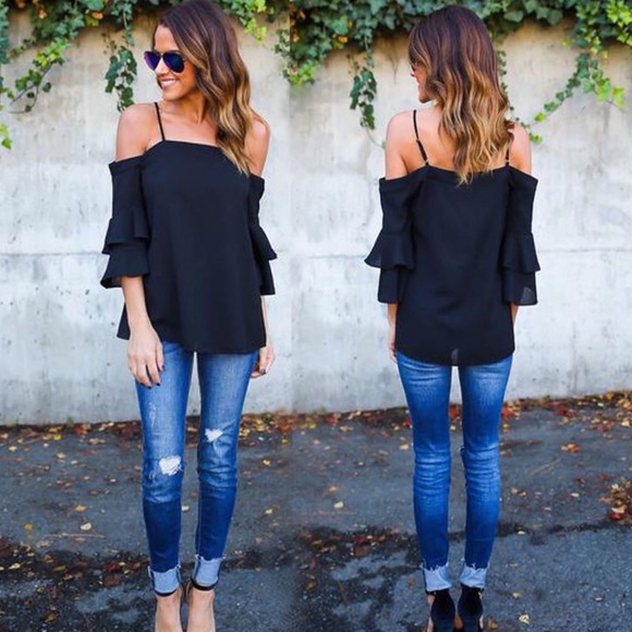 Cold Shoulder Ruffle Sleeve Chiffon Blouse - Picture 2 of 5