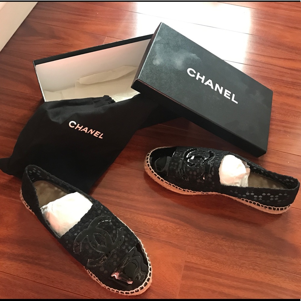 Chanel Black Patent Leather and Lace Espadrilles