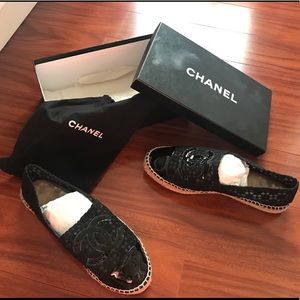 Chanel Black Patent Leather and Lace Espadrilles