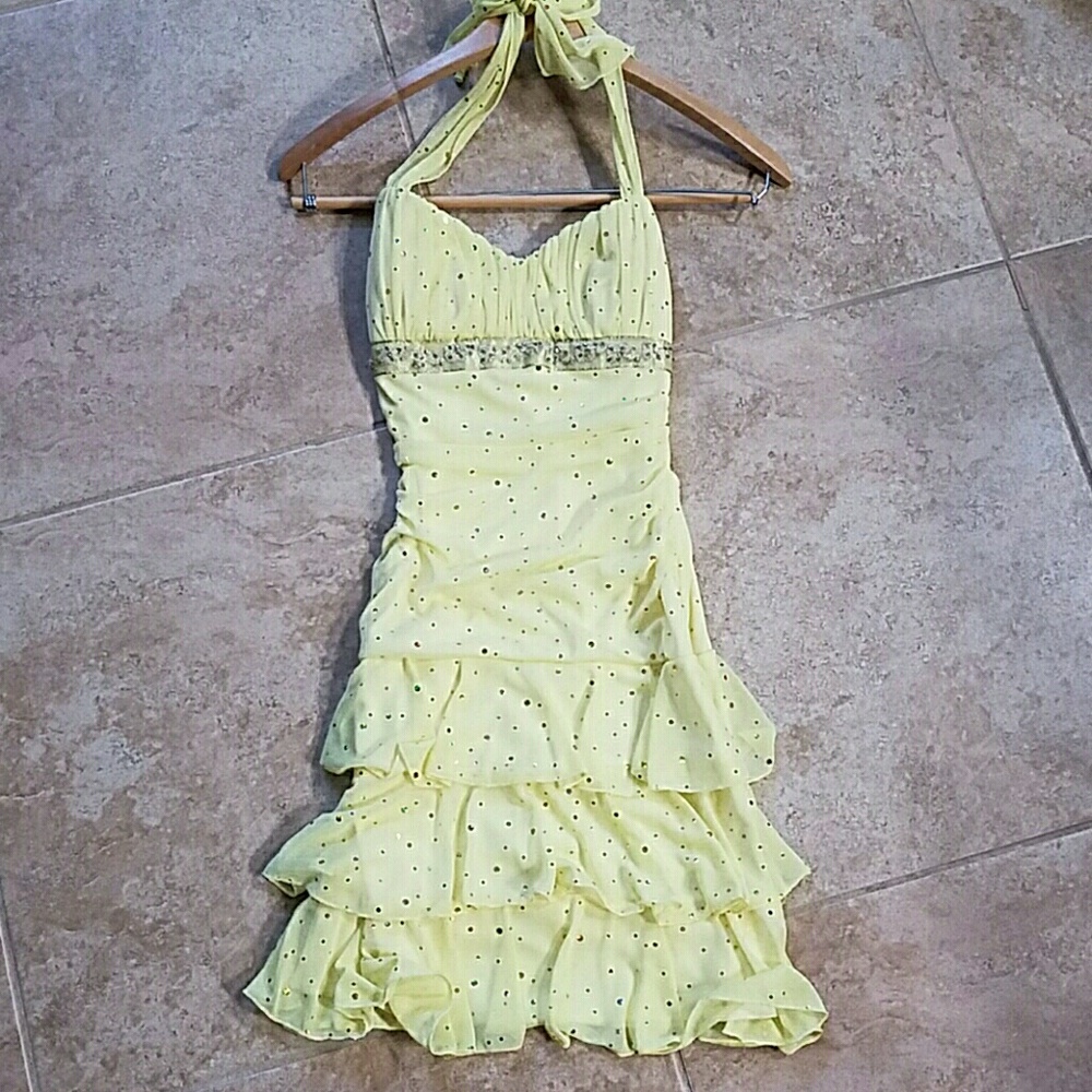 Yellow sequin formal ruffle dress