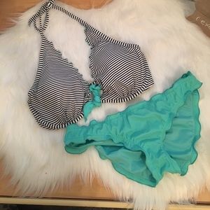VS Striped Aqua Bikini 34DD and Medium bottom