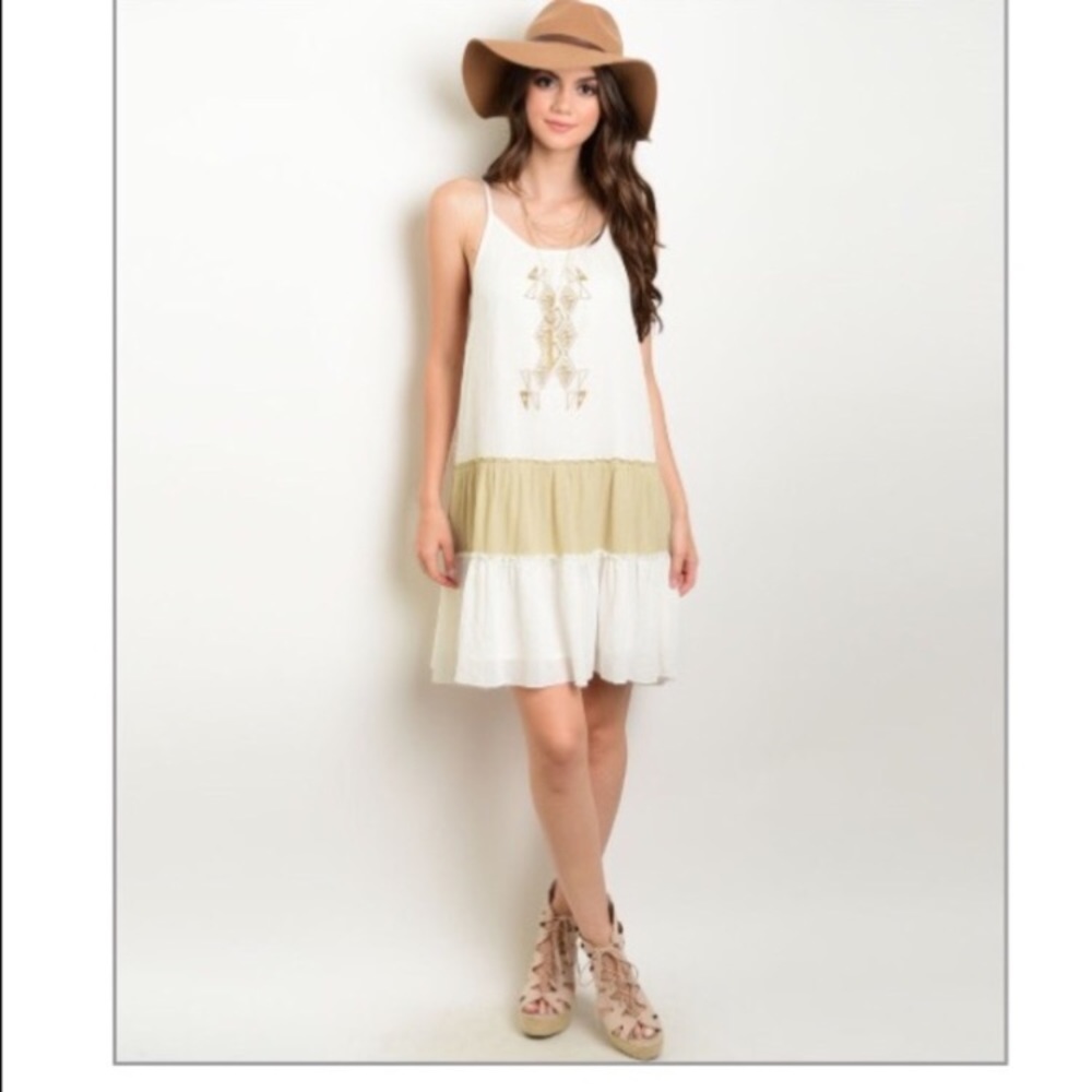 Ivory and Tan Boho Embroidered Mini Dress