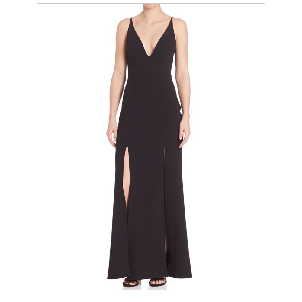 (ABS Allen Schwartz) Black Front Slit V-Neck Gown