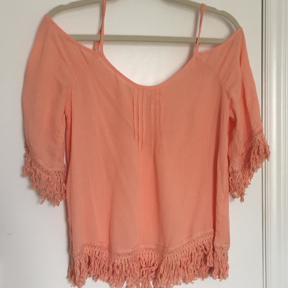 Adorable Off Shoulder Peach Peasant Tassel Top