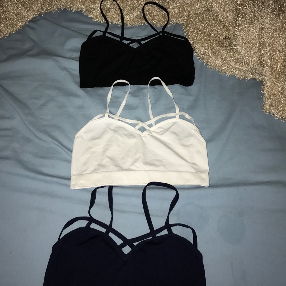 black, navy, and white strappy bralettes (all 3)