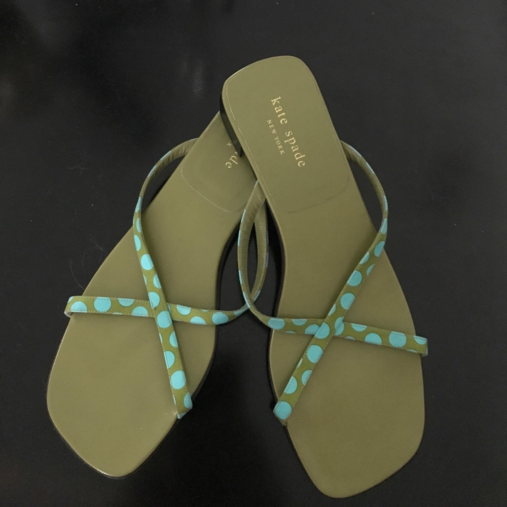 90’s Square Toe Kate Spade Green Polka Dot Leather Sole Sandals