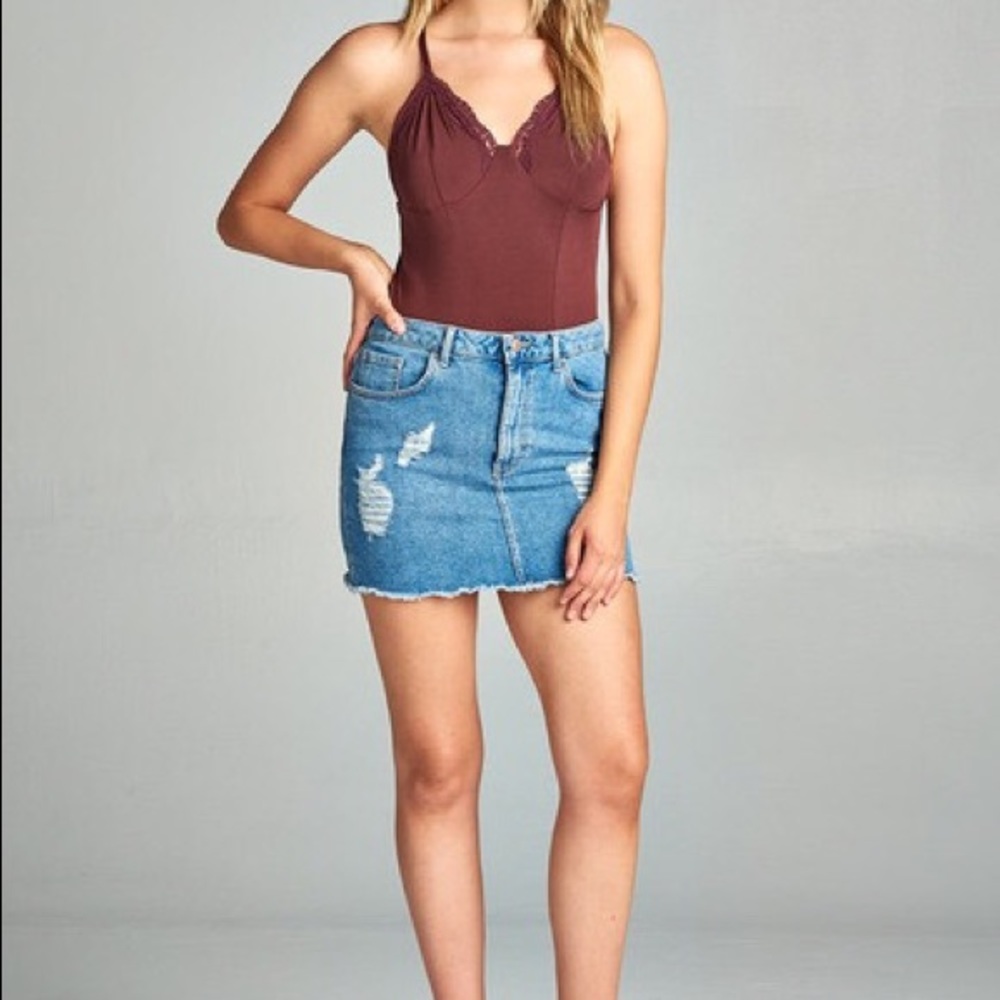 Lace Trim Bodysuit - Red Bean