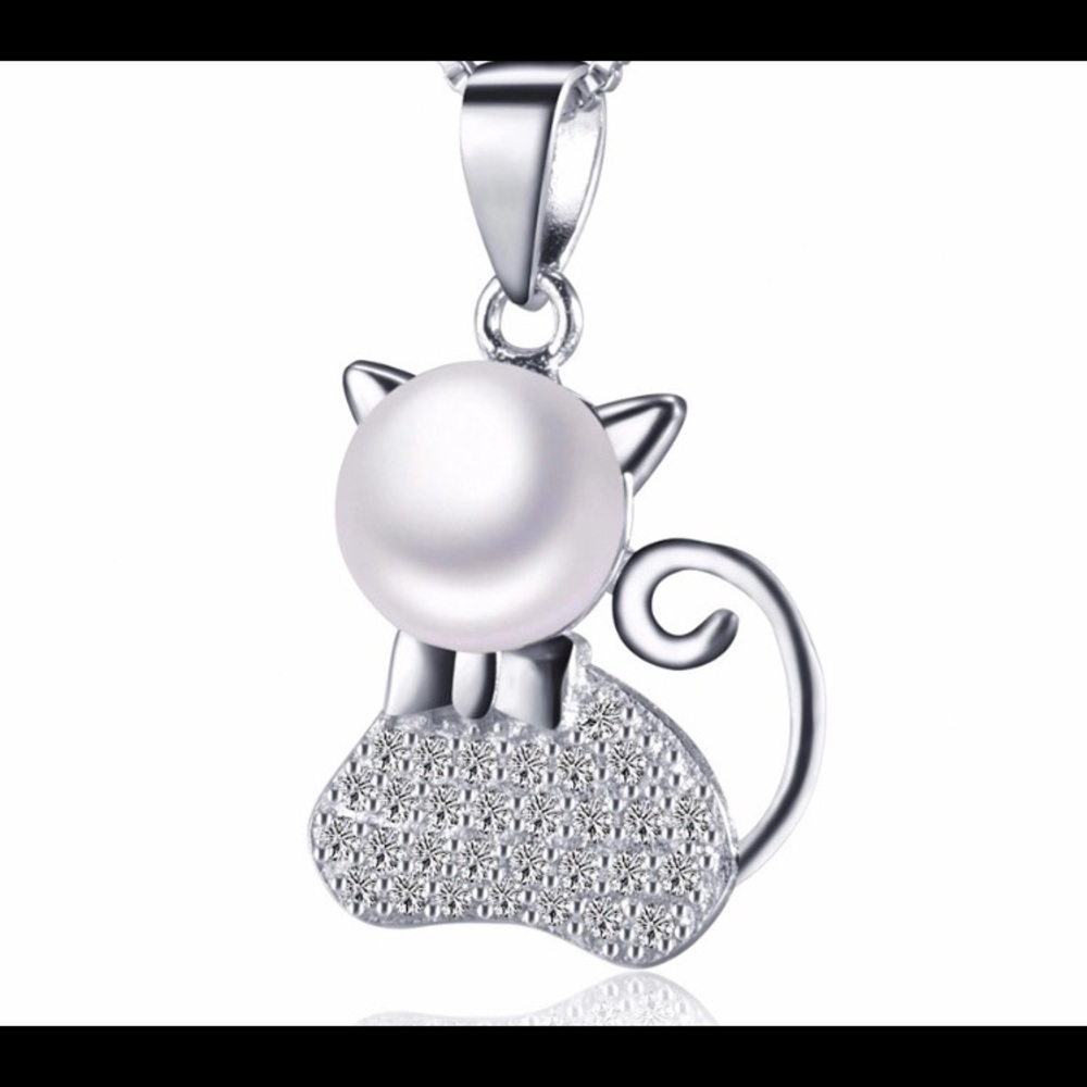 100% freshwater pearl 925 silver Cute Cat necklace