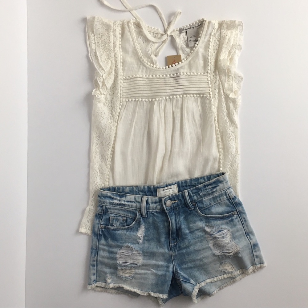 American Rag Linen Top with Lace Trim