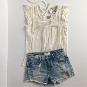 American Rag Linen Top with Lace Trim