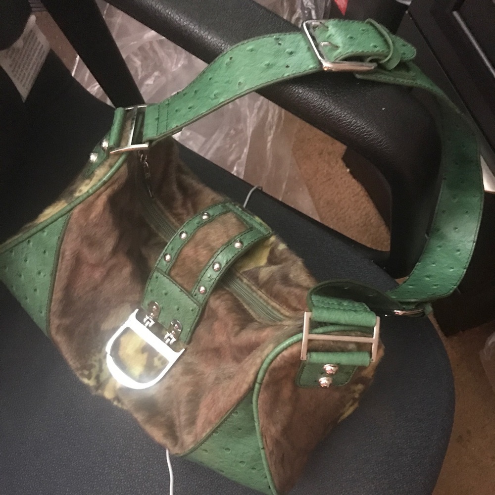 Green leather/fur purse