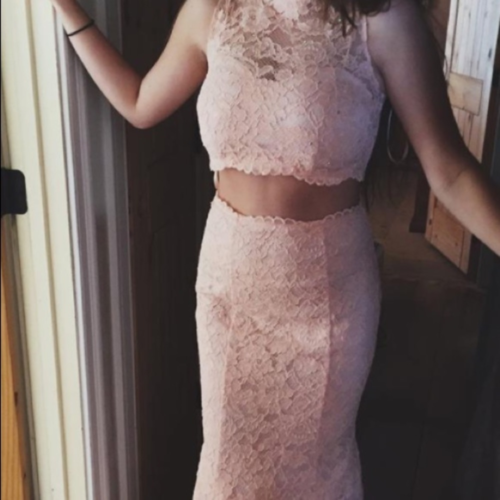 pink, lace, two piece prom dress
