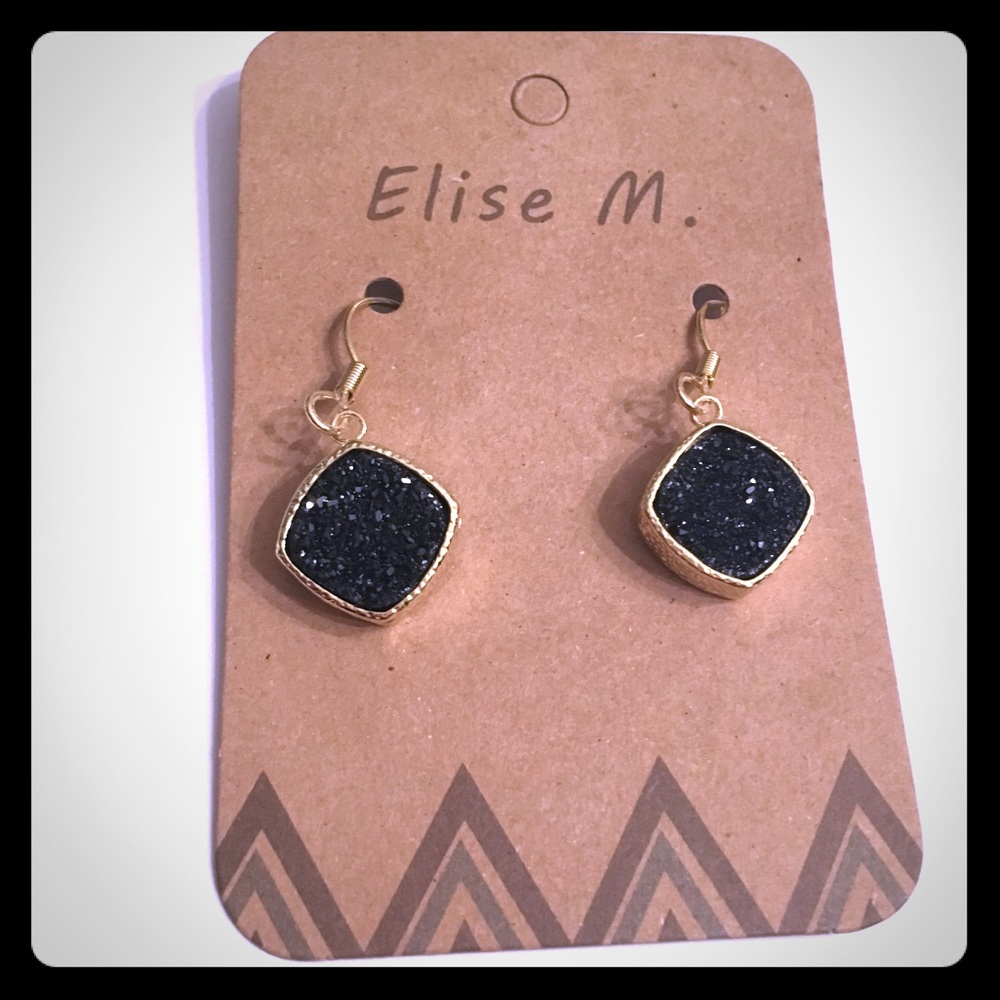 24K Gold Plated Obsidian Drusy Quartz Earrings