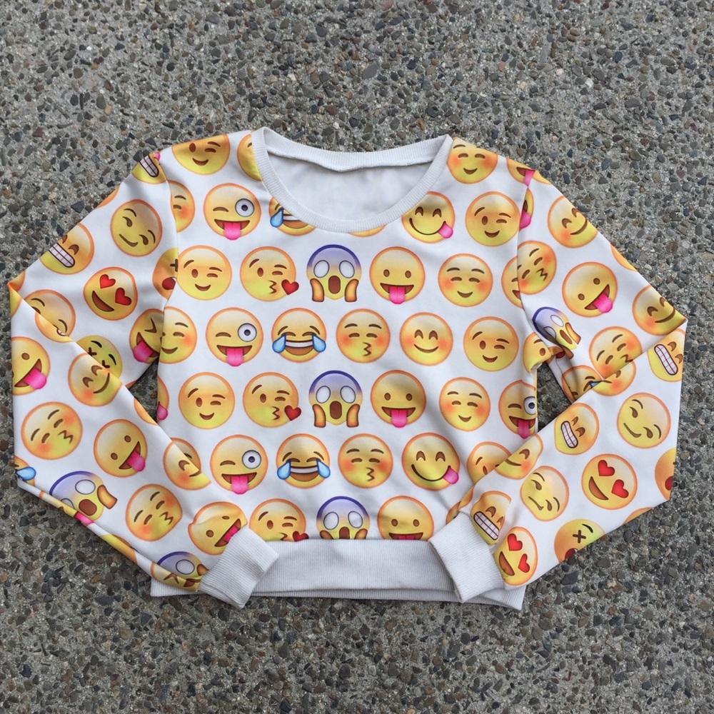 White Long Sleeve Cute Emoji Print Crop Sweatshirt - Picture 2 of 3