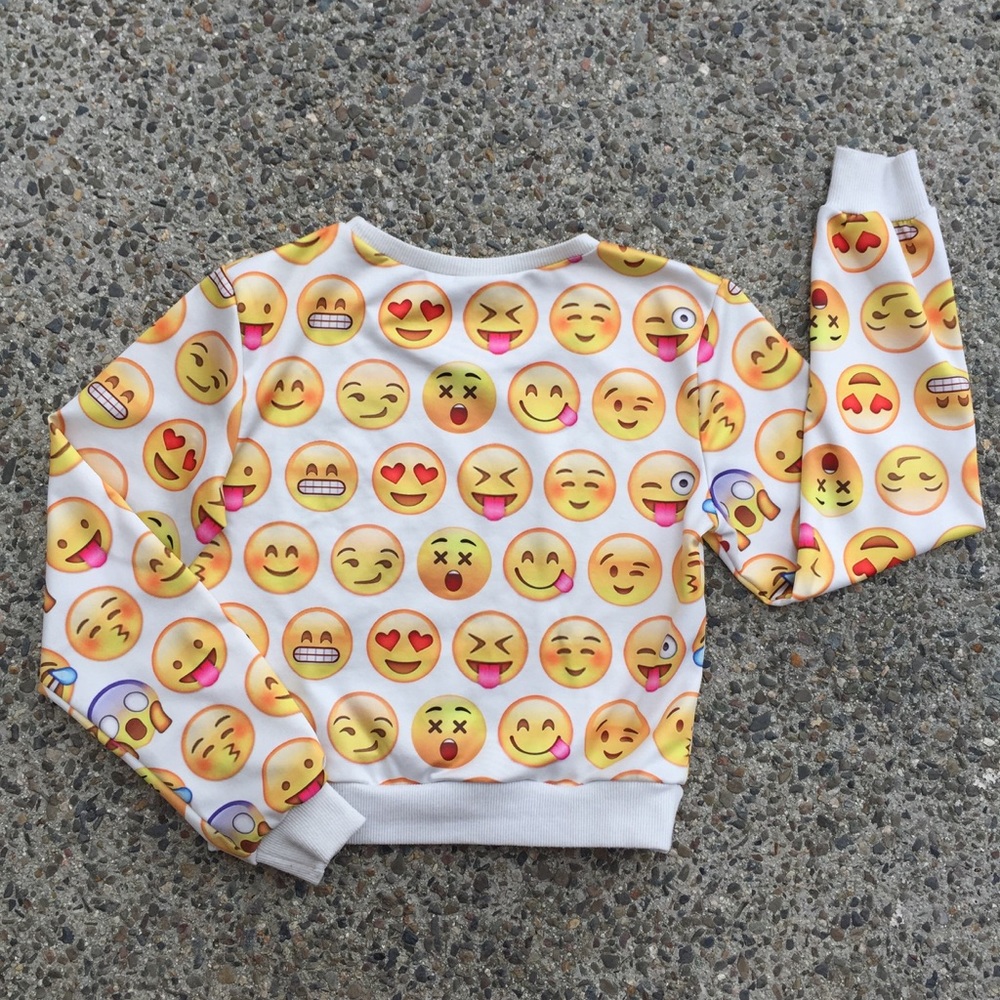 White Long Sleeve Cute Emoji Print Crop Sweatshirt - Picture 3 of 3