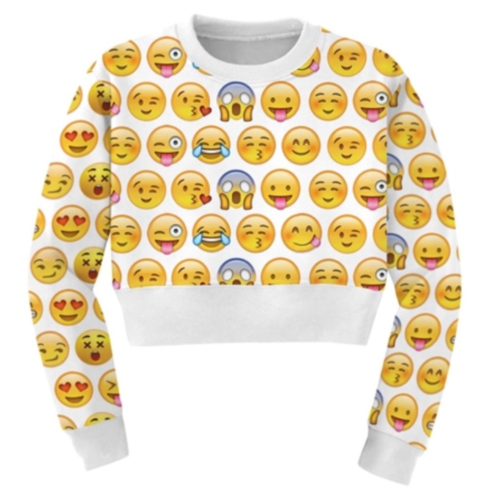 White Long Sleeve Cute Emoji Print Crop Sweatshirt