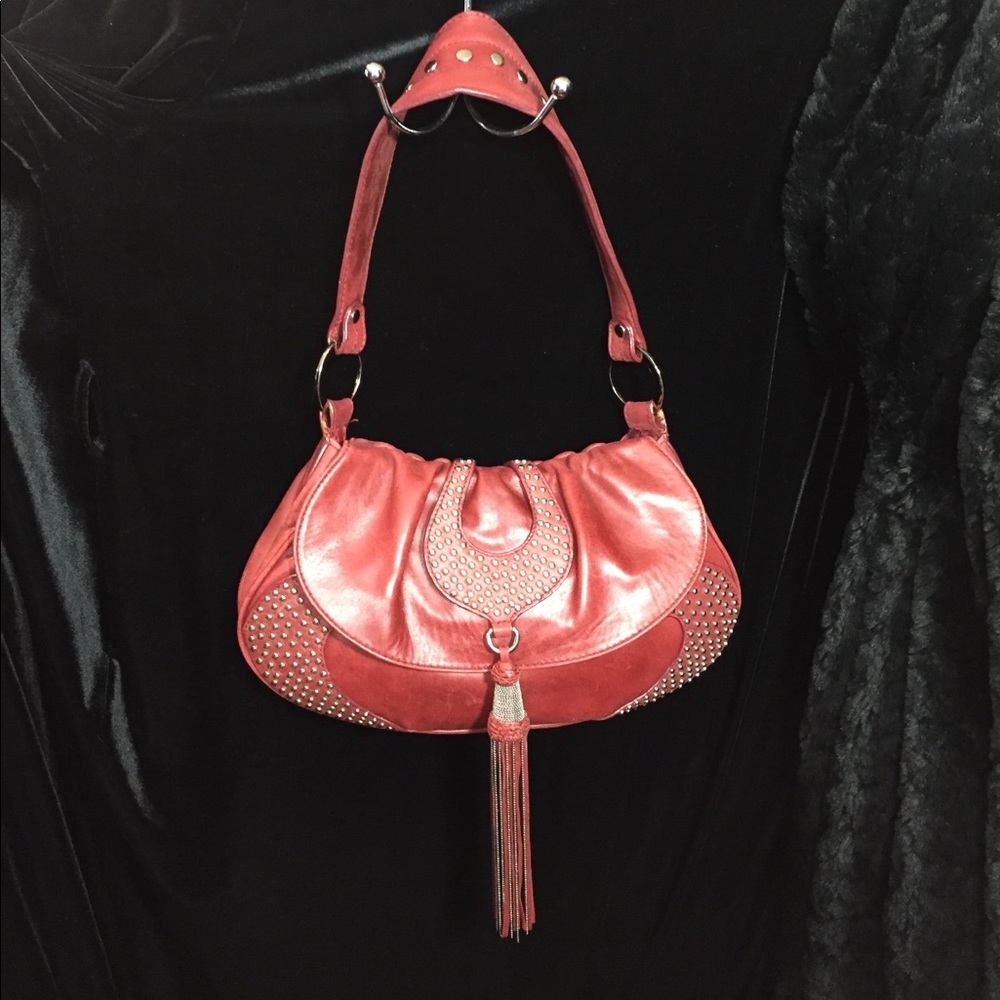 Vintage Kate Landry leather bag + studs and tassel
