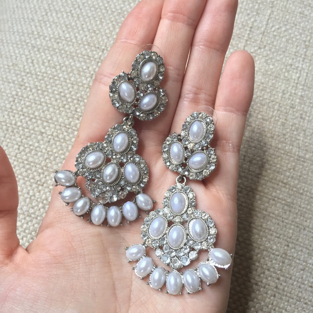 Faux pearl and rhinestone pendant earrings