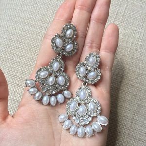 Faux pearl and rhinestone pendant earrings
