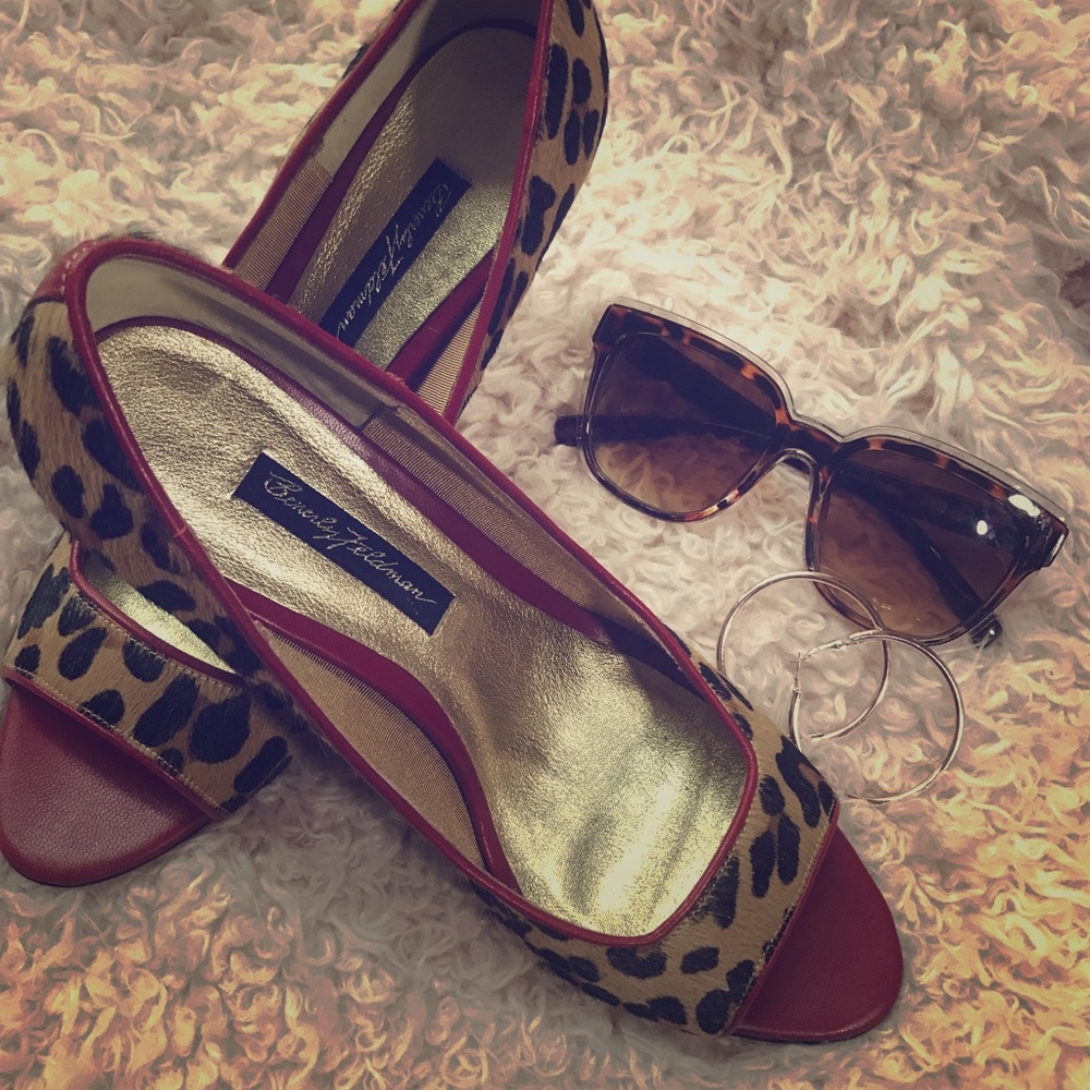 Beverly felderman leopard open toe heels