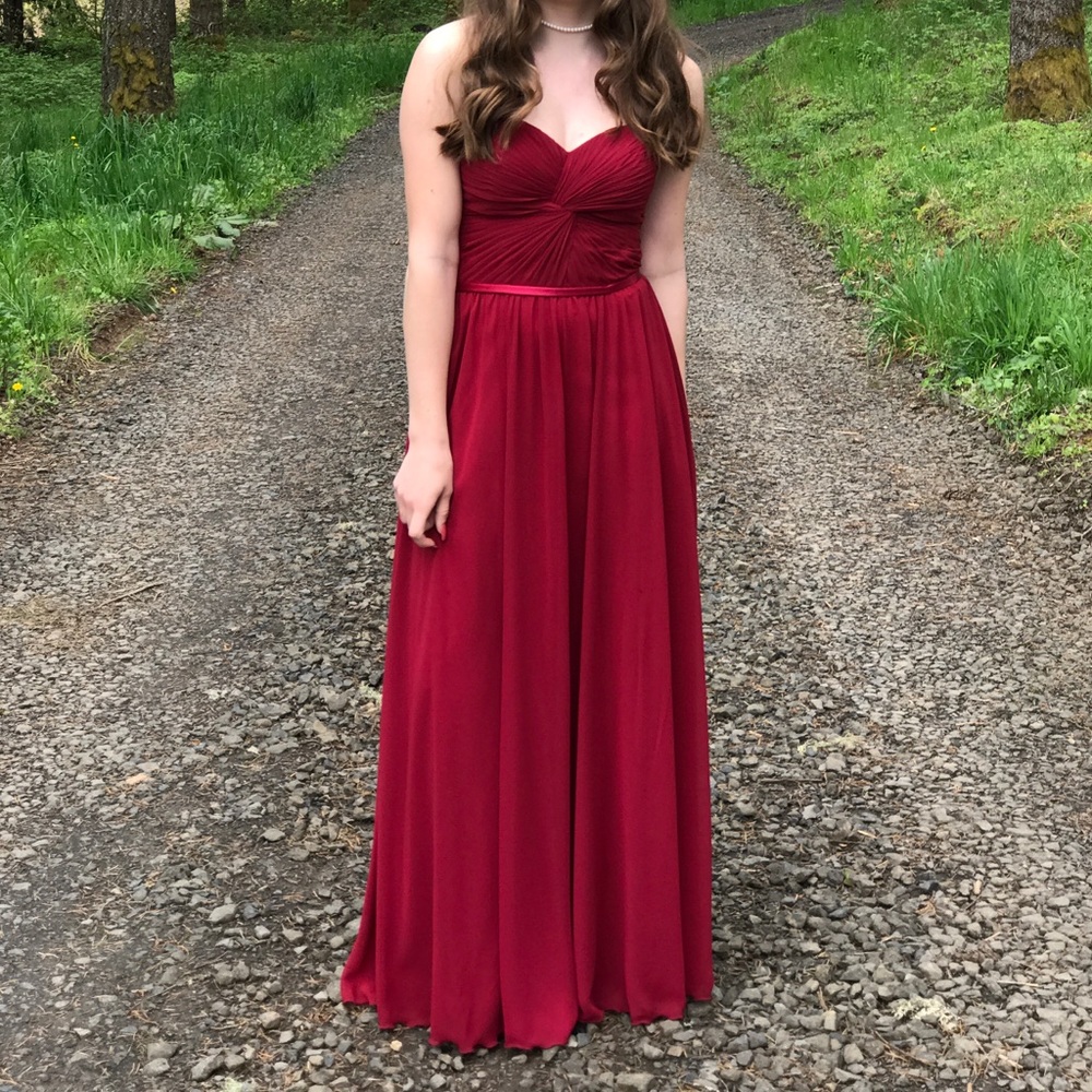 Strapless long maroon/red prom dress