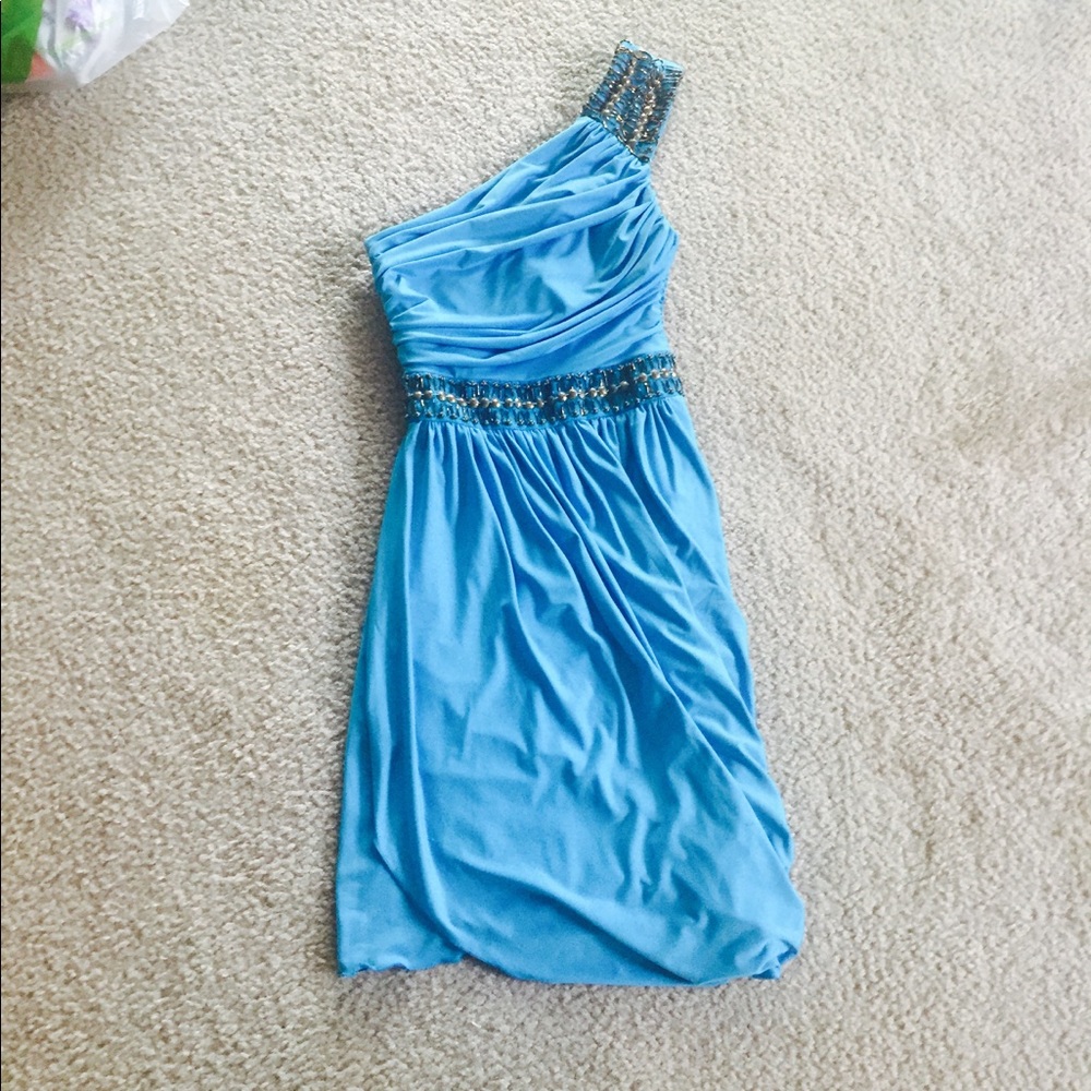 🔴Blue 1 shoulder party dress with sequin and bead