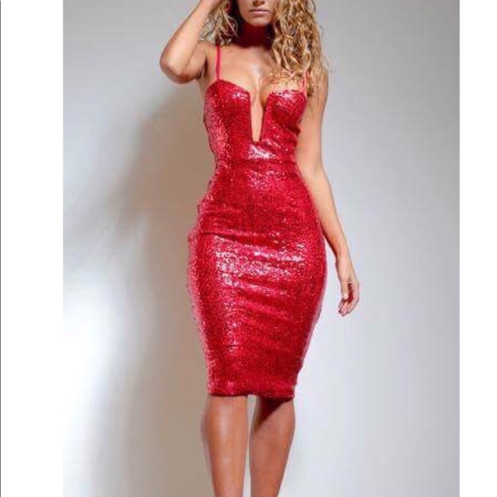 Red sequin U deep plunge dress
