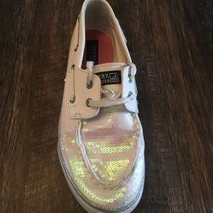 Sperry white sequin boat shoes