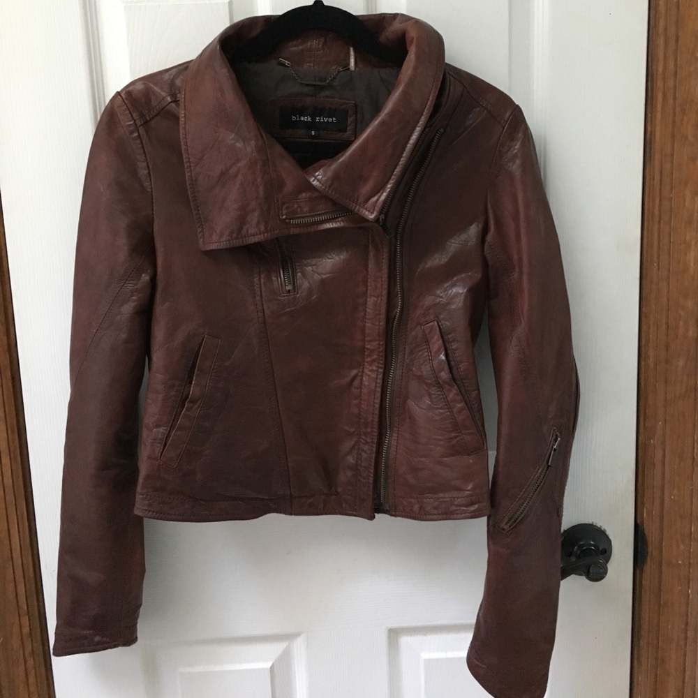 Cognac leather moto jacket.