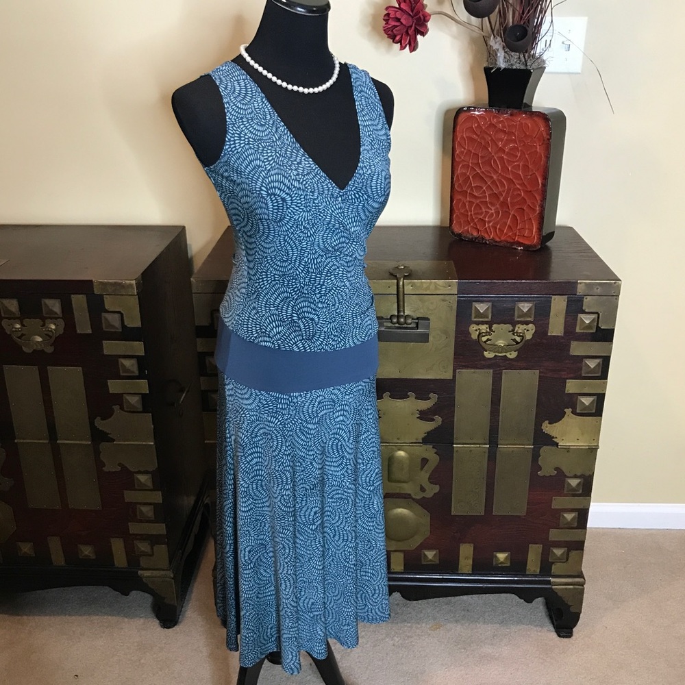 BCBG Blue Print V-Neck Dress